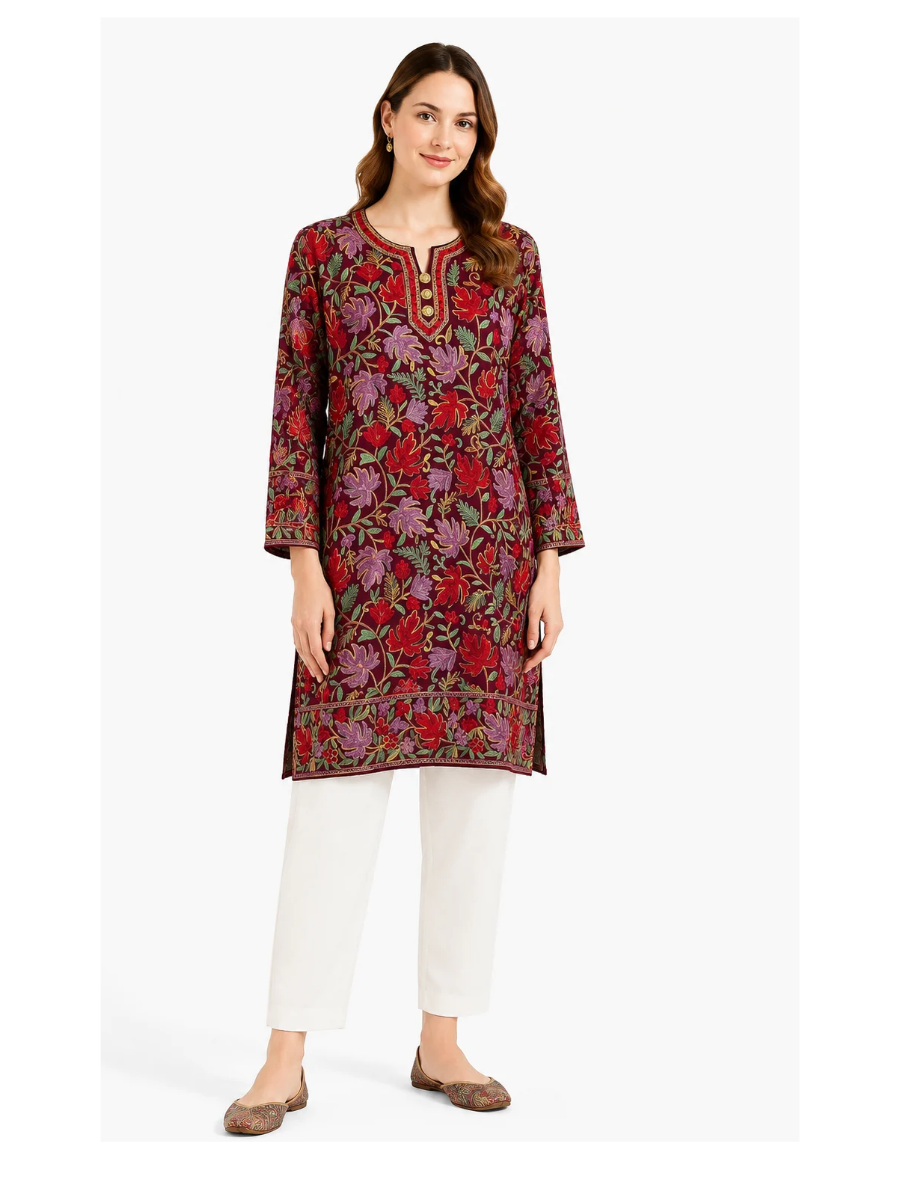 Noor : chinar embroidery summer kurti | Dark Red